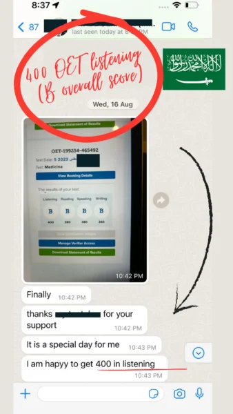 WhatsApp message from a student in 🇸🇦 Saudi Arabia showing their OET B score result