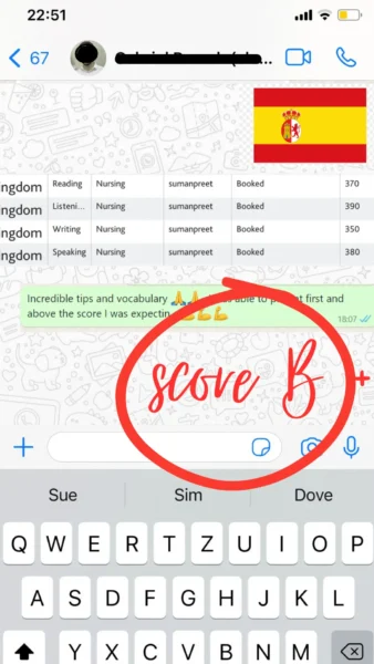 WhatsApp message from a student in 🇪🇸 Spain showing their OET B score result